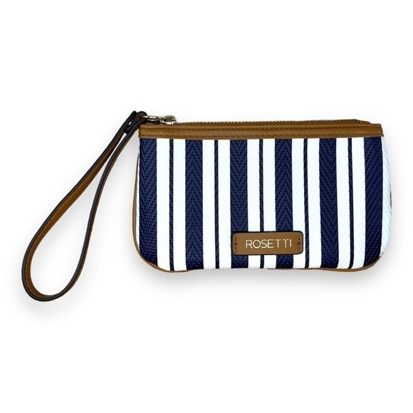 Wristlet Rosetti Blue White Stripes Tan Small Bag Zip Closure Preppy Classic - Picture 1 of 6